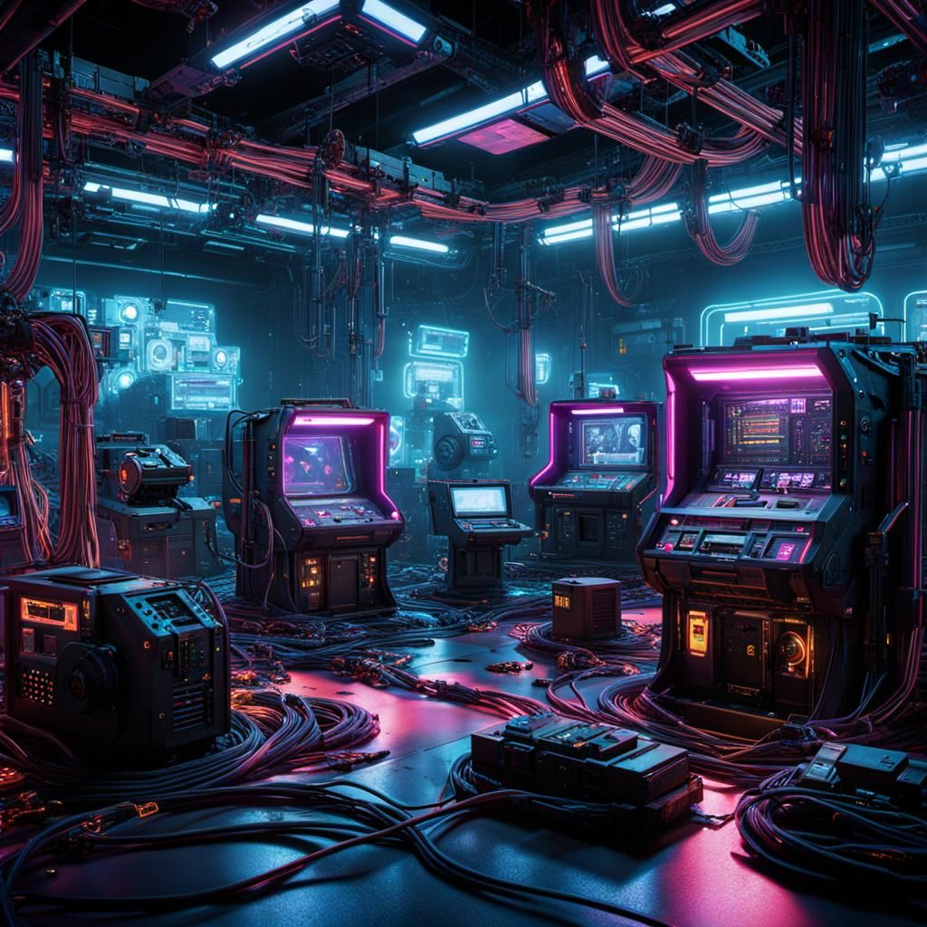 Cyberpunk VR Pods in Complex Machinery: 3D Game Art