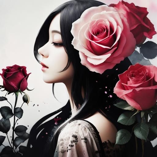 Floral Silhouette: Ink and Watercolor Double Exposure