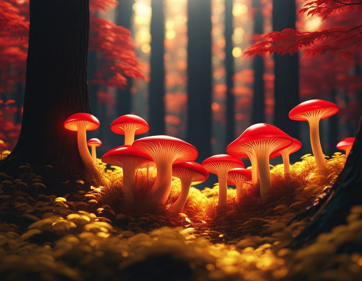 Luminescent Mushrooms in Sci-Fi Forest: Impressionism