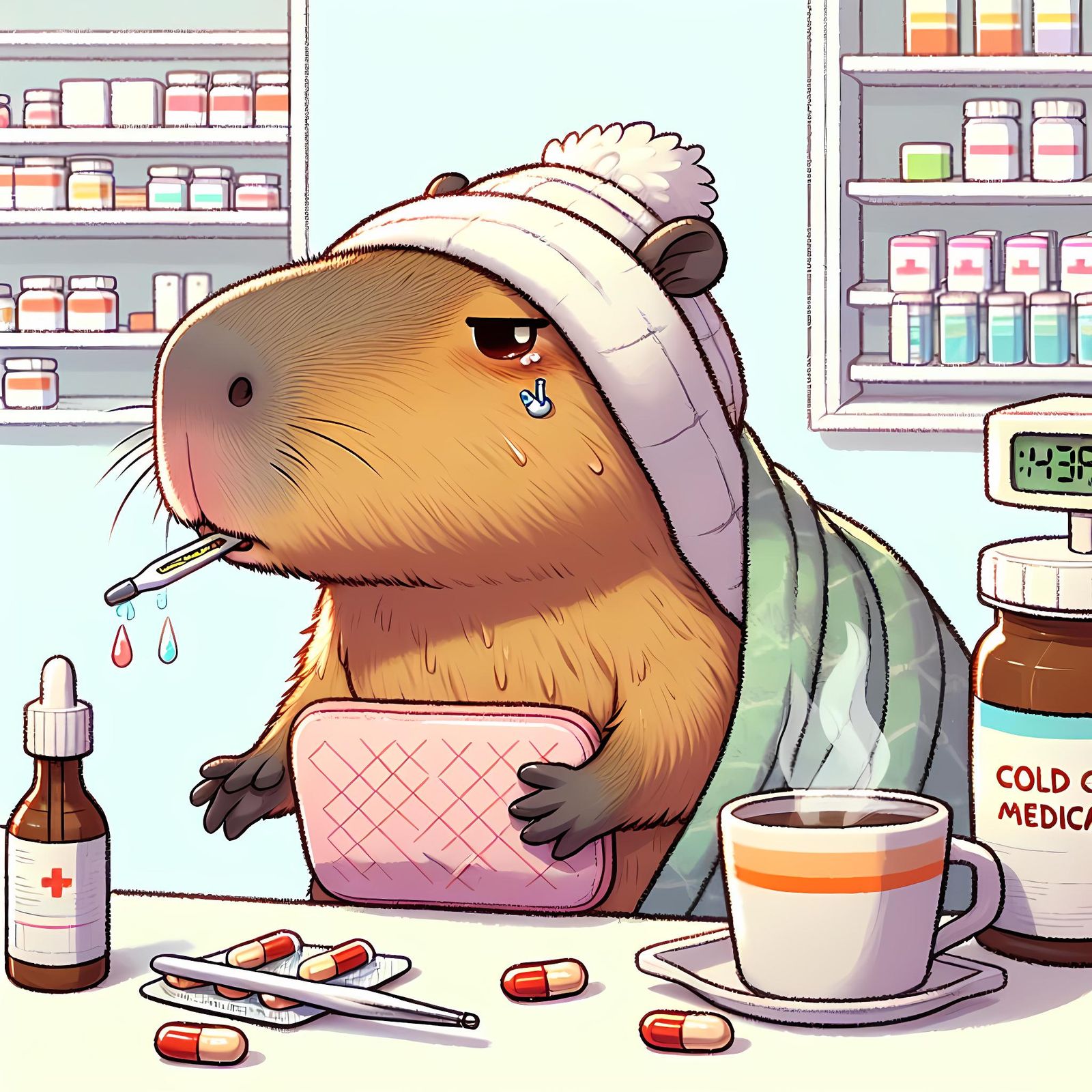 Sick Capybara Buys Medicine at the Pharmacy