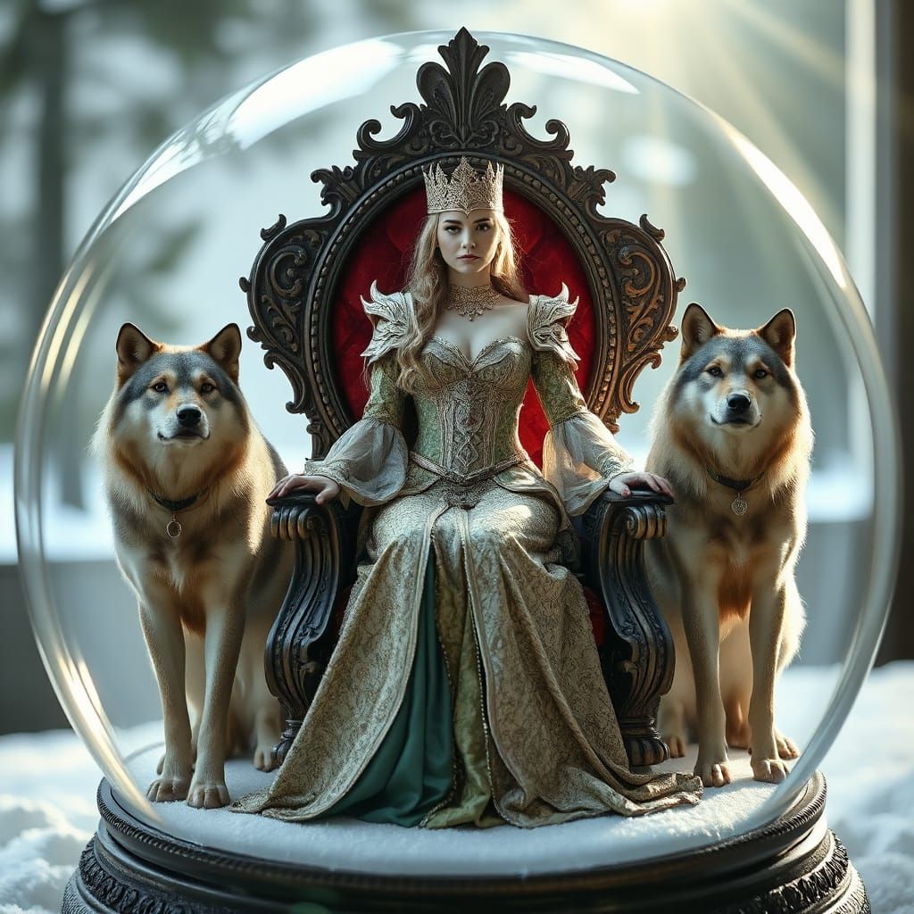 Elven Queen in Snow Globe Scene with Dire Wolves