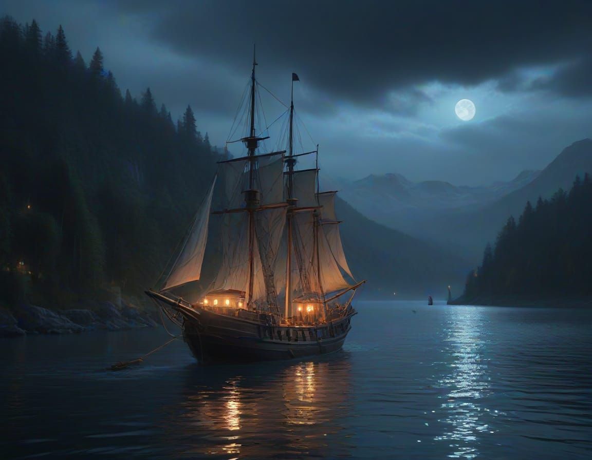 Twilight Sailing Ship Before Moonlit Castle