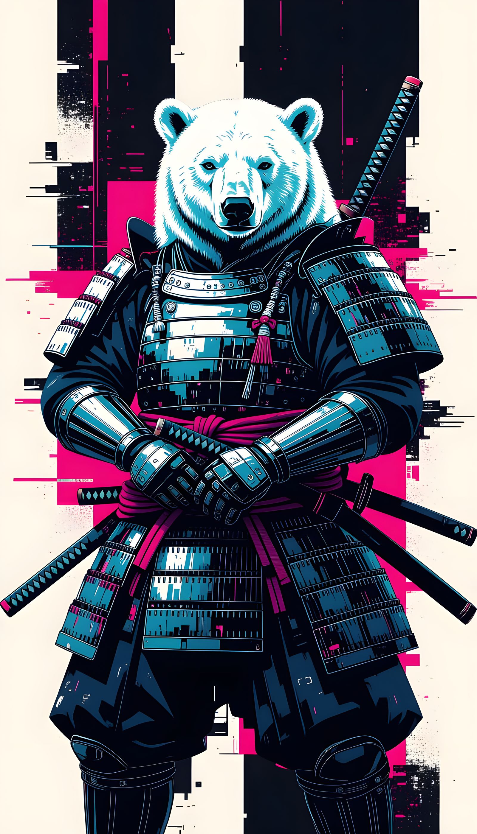 Cyberpunk Samurai Polar Bear in Glitch Art
