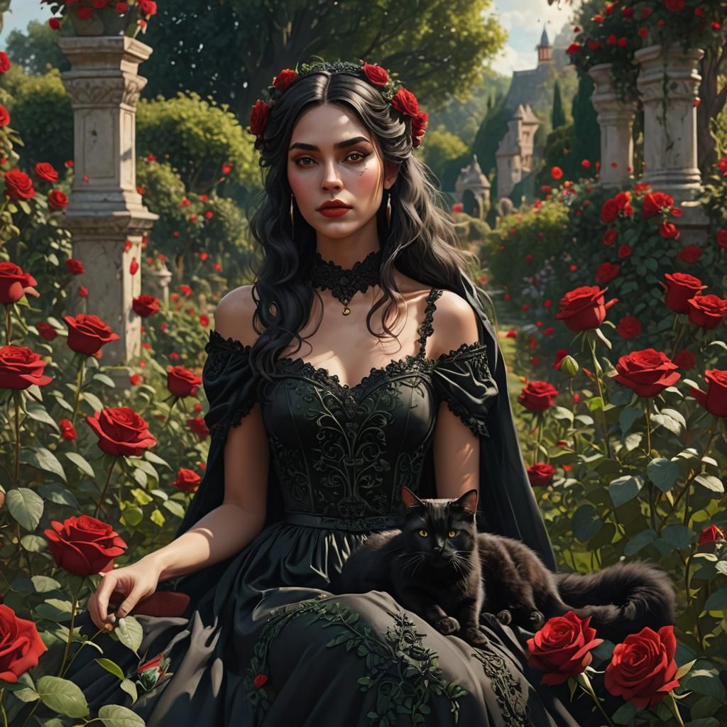 Woman with Black Cat in Rose Garden, Detailed Matte Painting