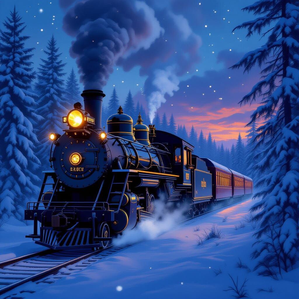 Steampunk Train in Snowy Forest at Twilight