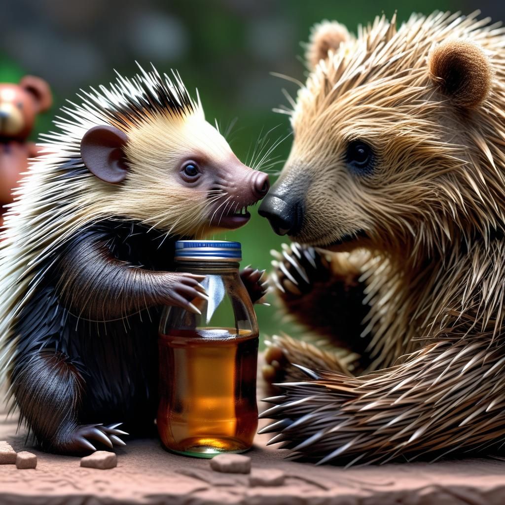 Baby Porcupine Snuggles Teddy Bear: Hyperrealistic Image
