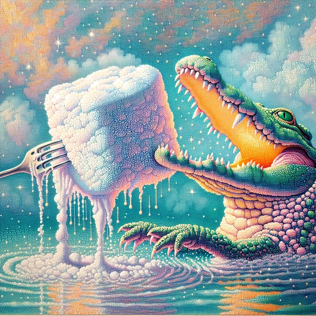 Pink Crocodile's Marshmallow Feast in Pointillism Style