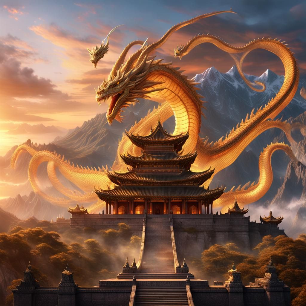 Mystical Dragon Encircles Ancient Temple: Digital Matte Pain...
