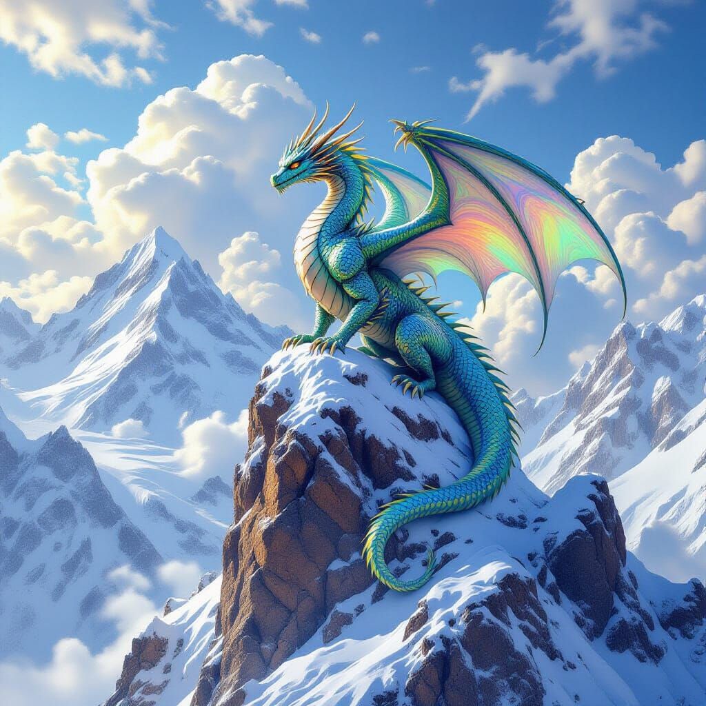 Majestic Dragon on Snow-Capped Peak in Hyperrealistic Style