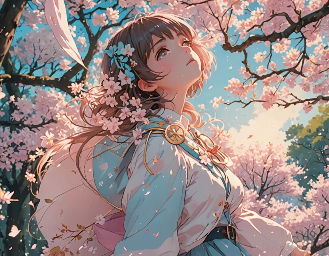 Anime Girl Surrounded by Cherry Blossoms