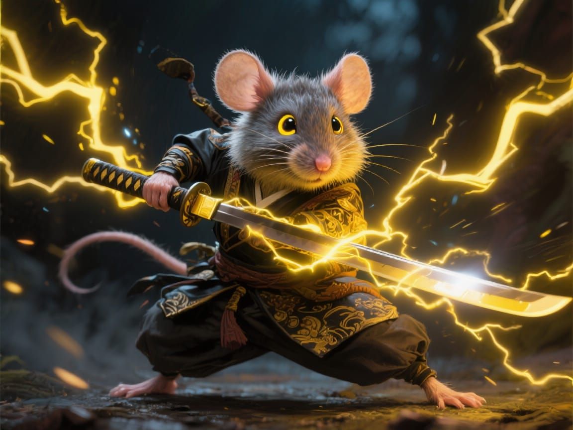 Ninja Mouse with Lightning Katana in Electric Aura