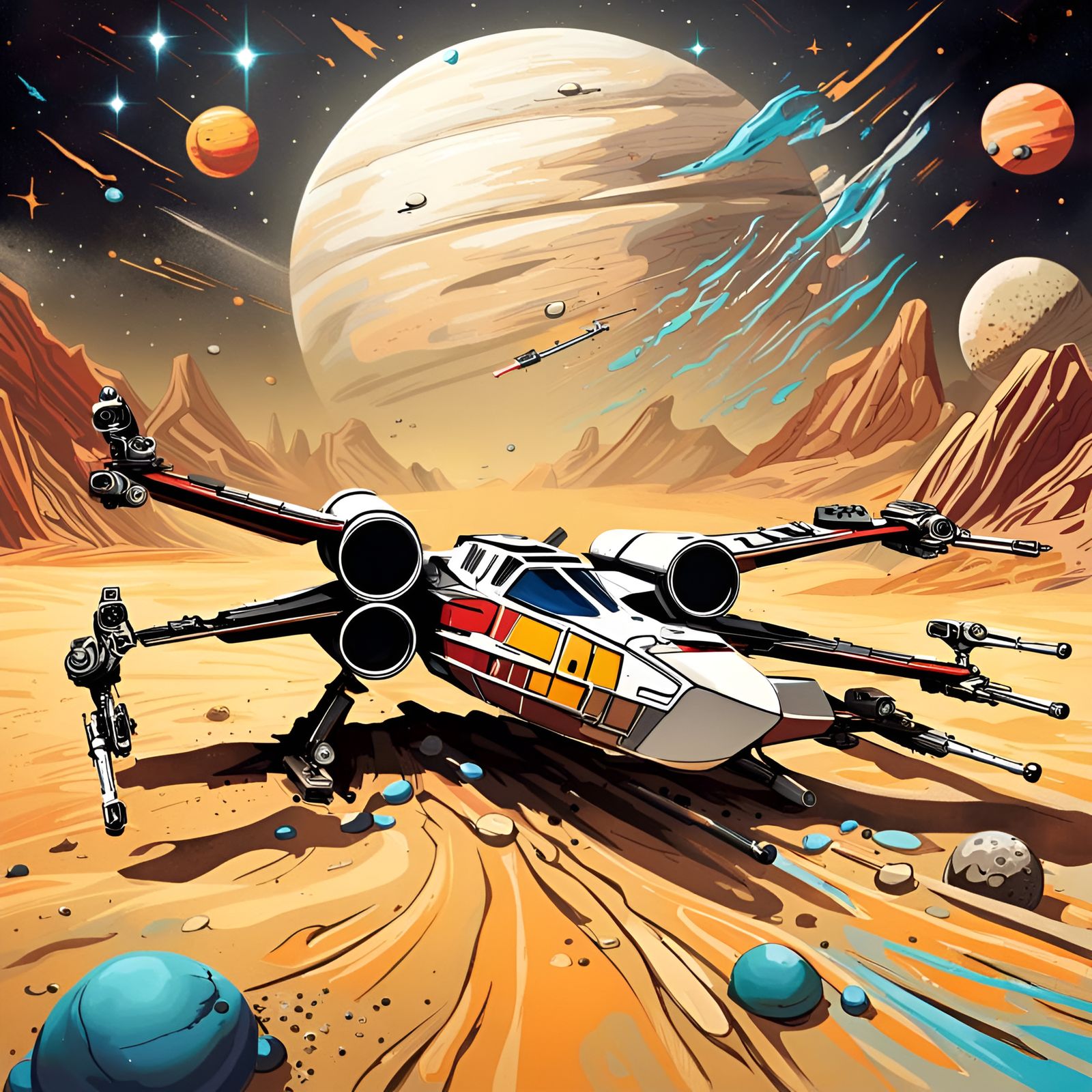 StarWars X-Wing is landing on a desert planet