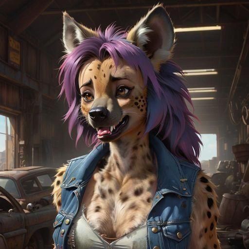 Feminine Furry She-Hyena in a Rusted Junkyard Scene