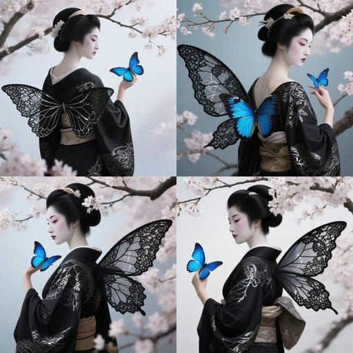 Geisha with Cherry Blossoms and Lace Wings