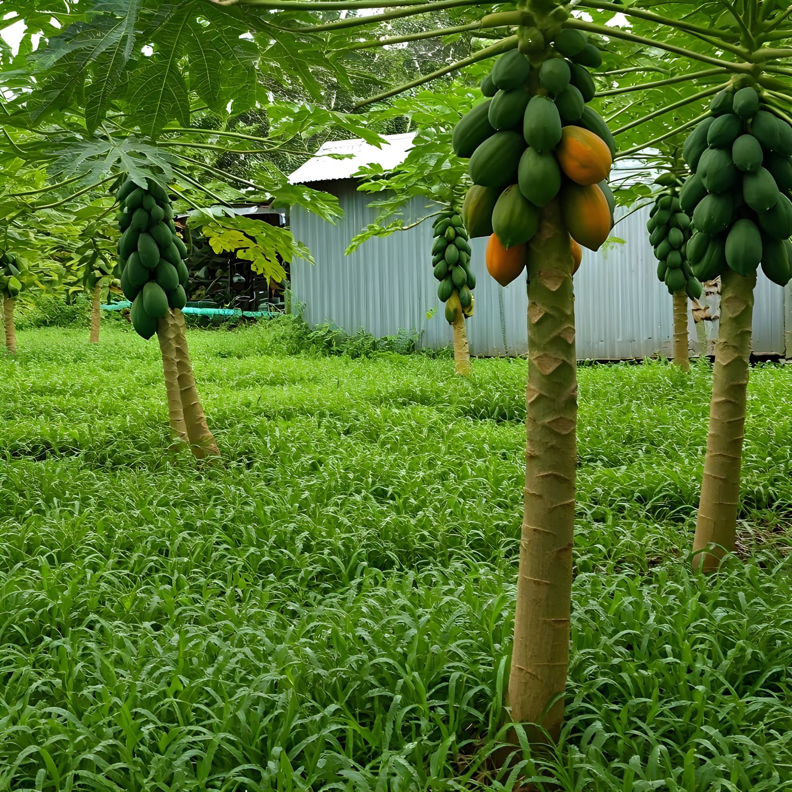 Lush Papaya Garden After Rain, Serene Photo