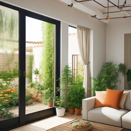 Muslin House Interior with Plants in Warm Palette