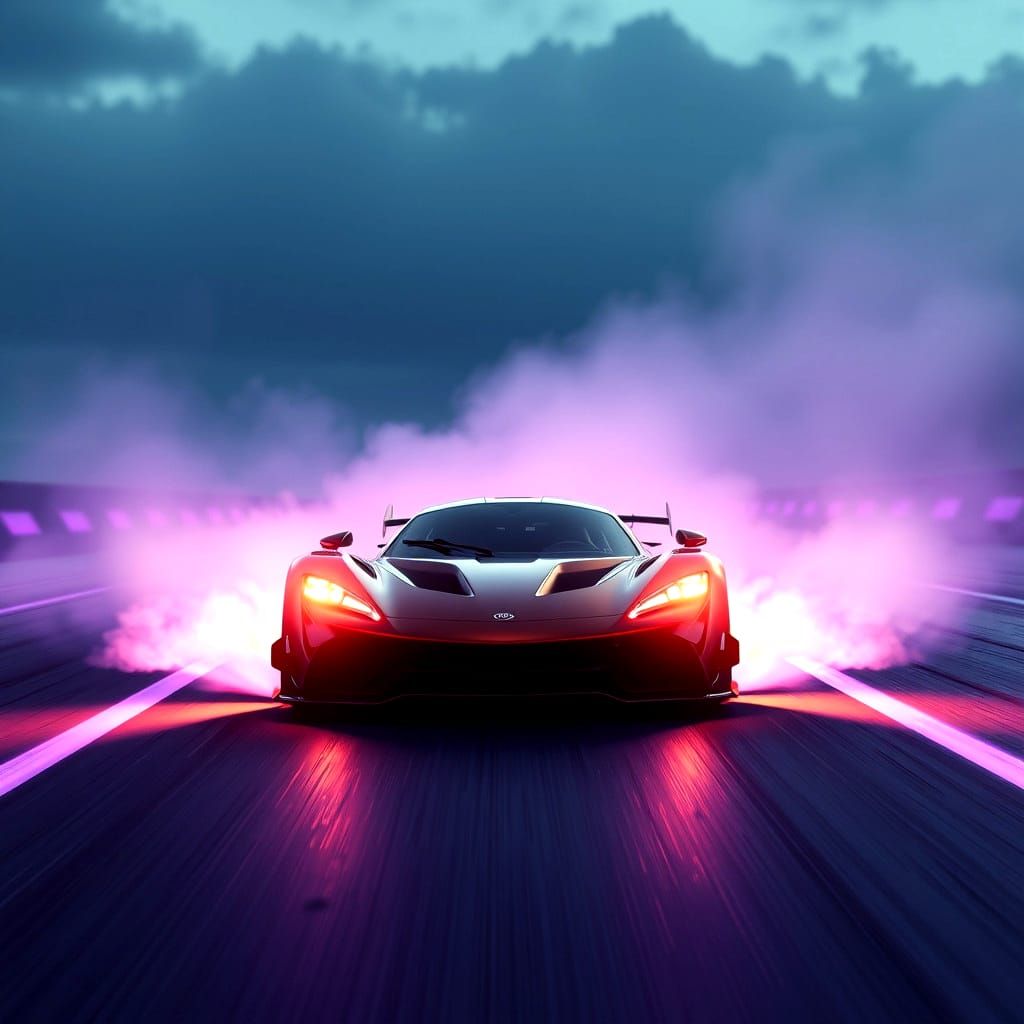 Racing Car on Purple Lit Road: Digital Art