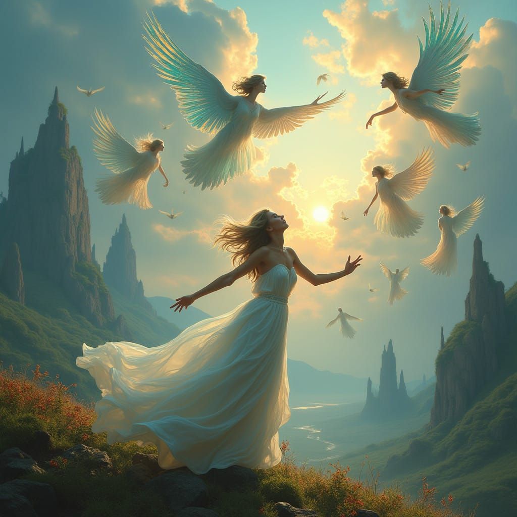 Angelic Vortex: A Woman's Desperate Cry in a Fantastical Lan...
