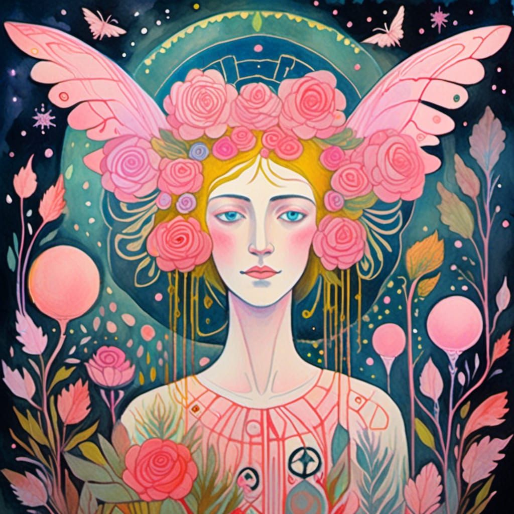 Rose Fairy Gouache Painting in Mystical Garden