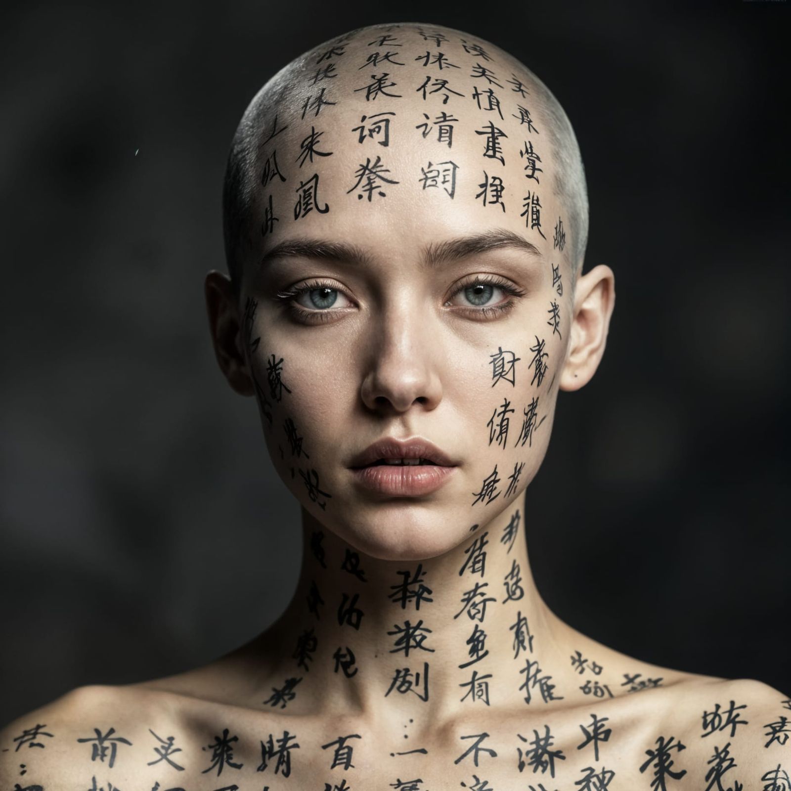 Bald Woman with Chinese Tattoo Portrait