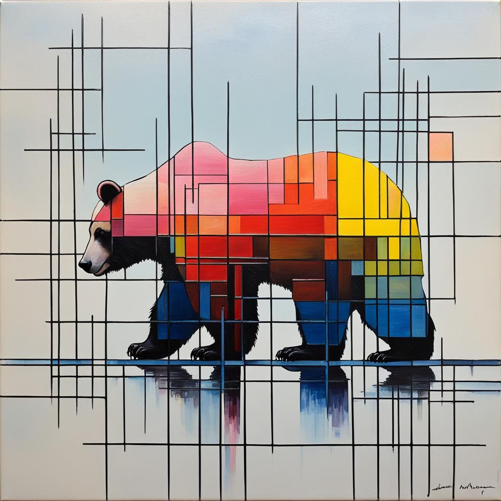 Abstract Bear in Misty Mondrian-Style Acrylic Oil Painting