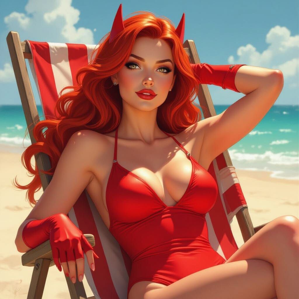 Batwoman Relaxing on Beach in Red Swimsuit