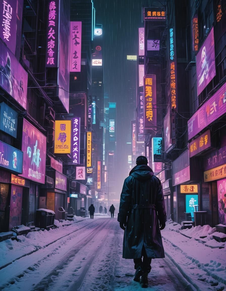 Cyberpunk Cityscape Under Neon Winter Skies