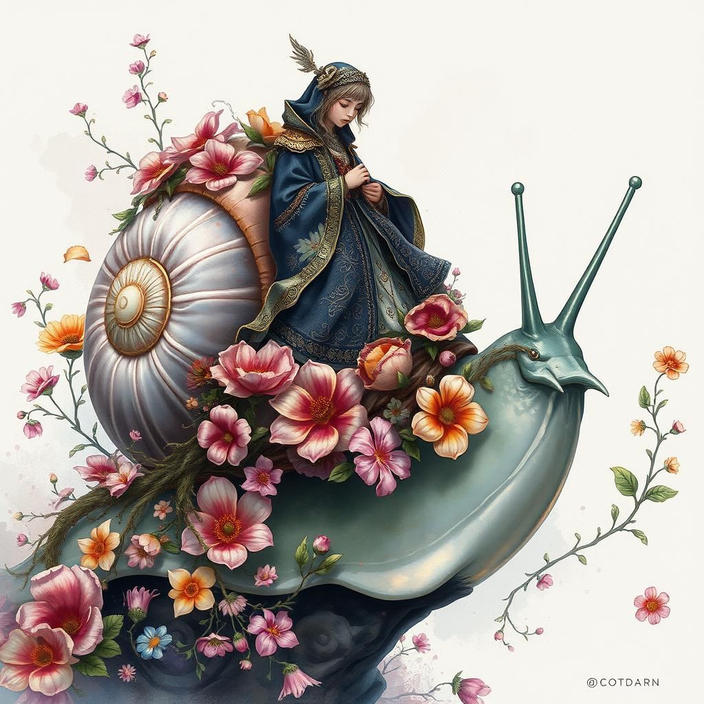 Surreal Snail Rider in Botanical Dreamscape