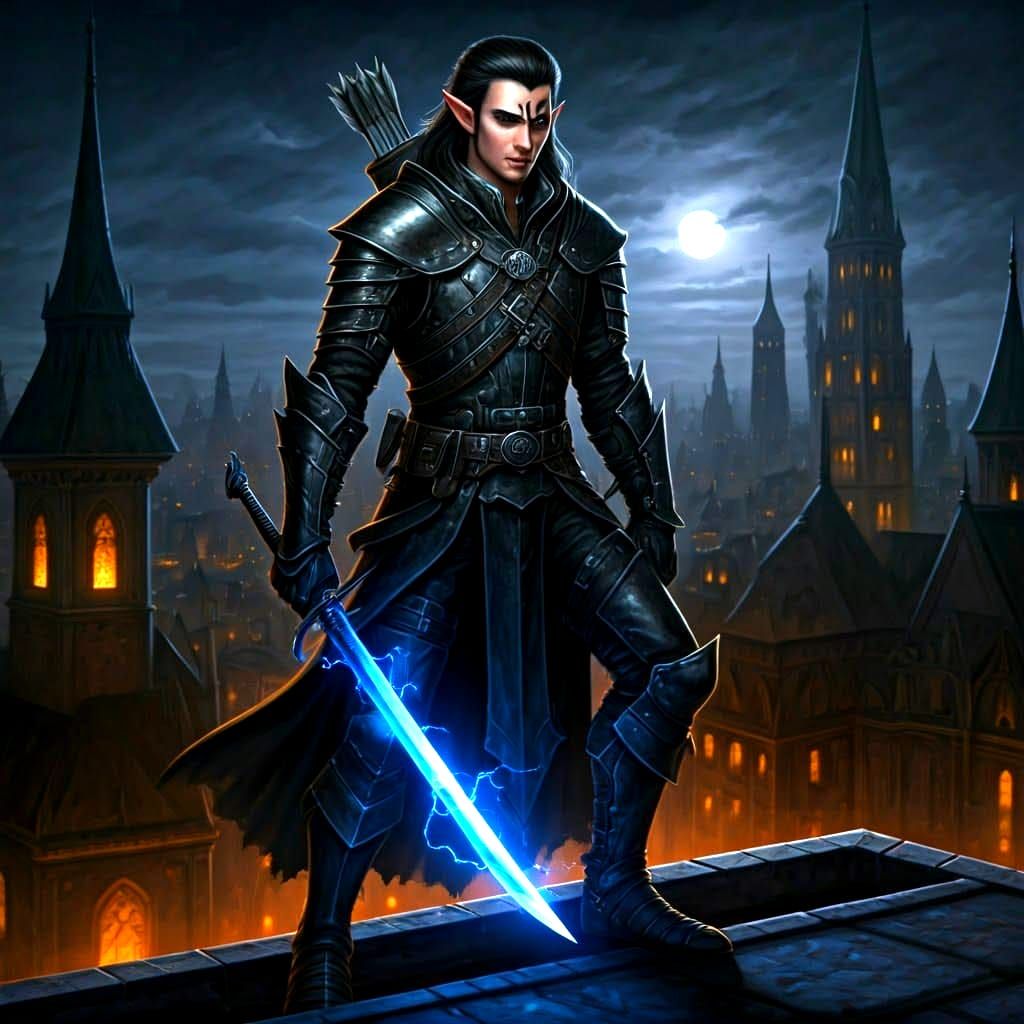 Half-Elf Rogue on Rooftop with Lightning Sword
