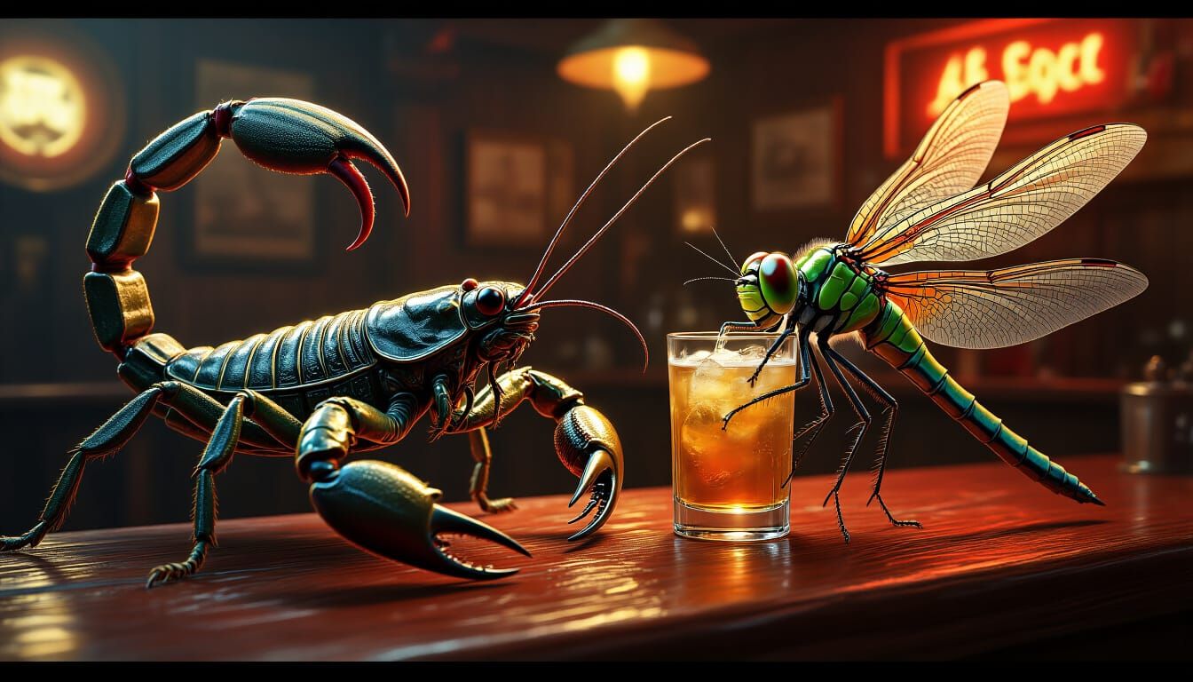 Scorpion and Dragonfly Drink in Surreal Saloon