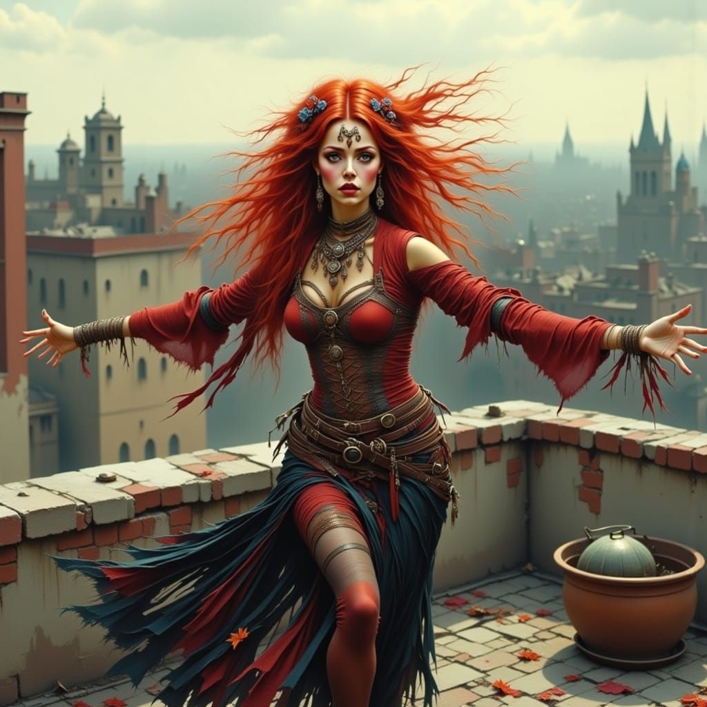 Grunge Redhead Woman Dancing on Rooftop in Vibrant Style
