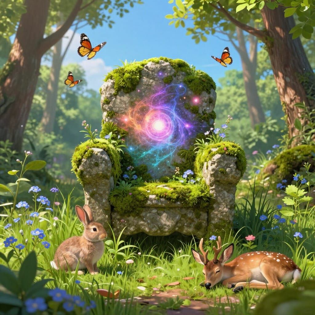 Enchanted Forest Throne with Wildlife, Astral Cosmic Art