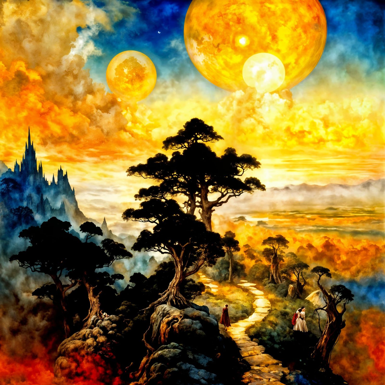 Fantasy forest, sky, vista, detailed fantasy background By a...