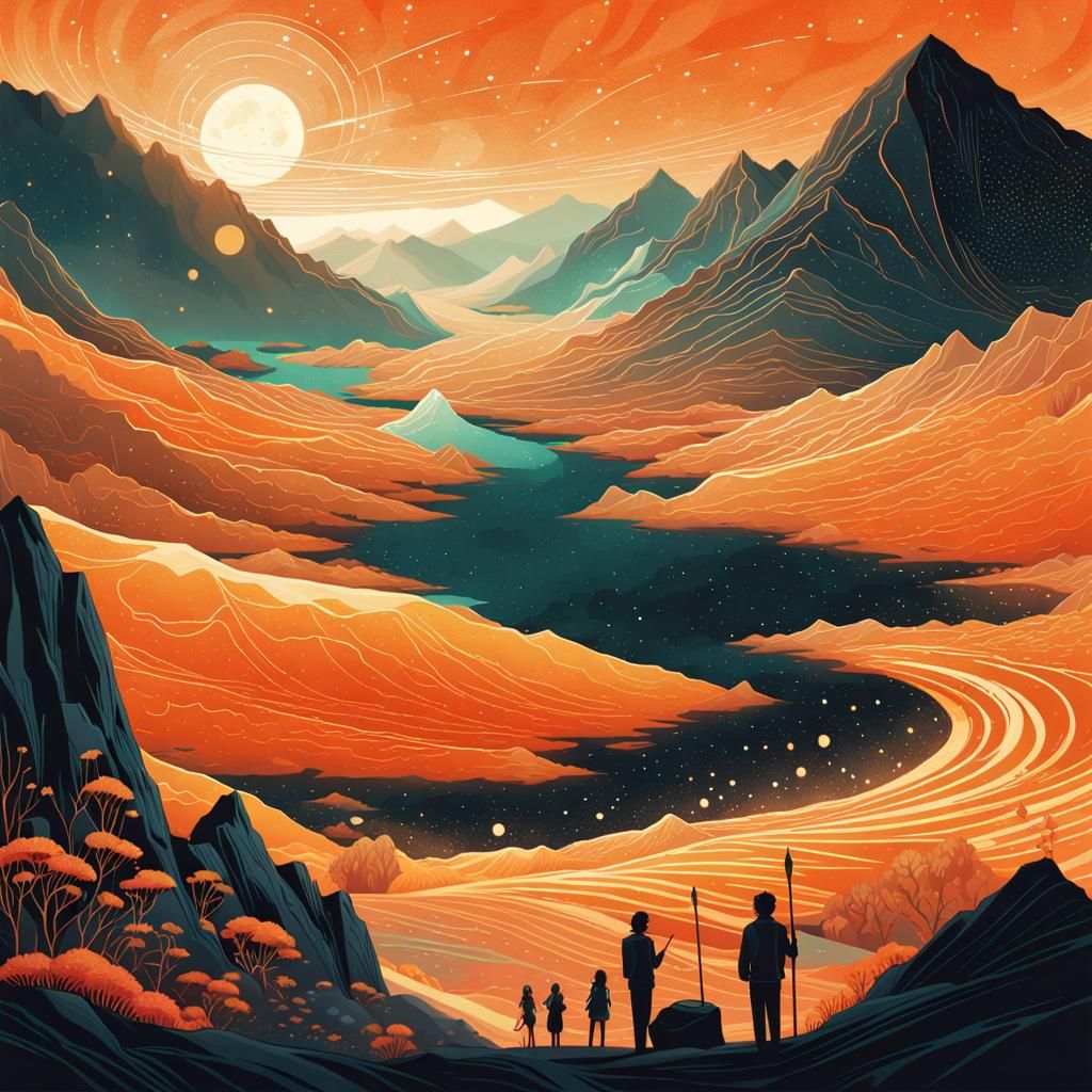 Ethereal Orange Galaxy Landscape Illustration
