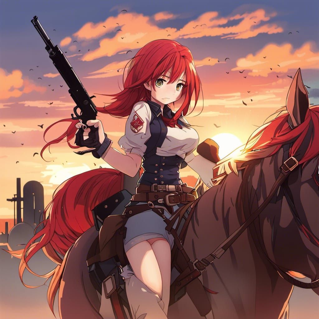 Anime Style Cowboy Girl at Sunset