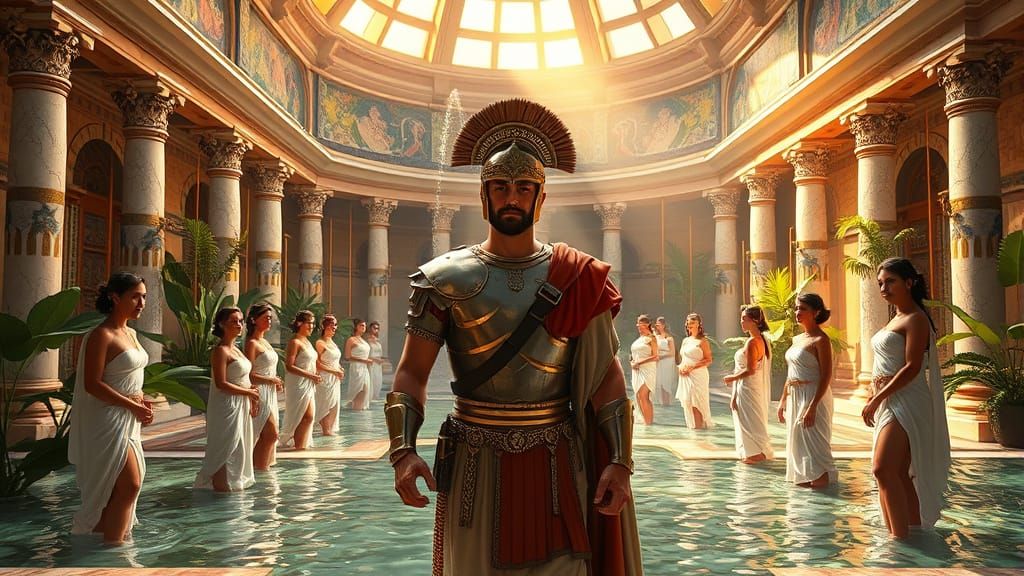 Roman Warrior Enters Enchanted Bathhouse Amidst Adorned Maid...