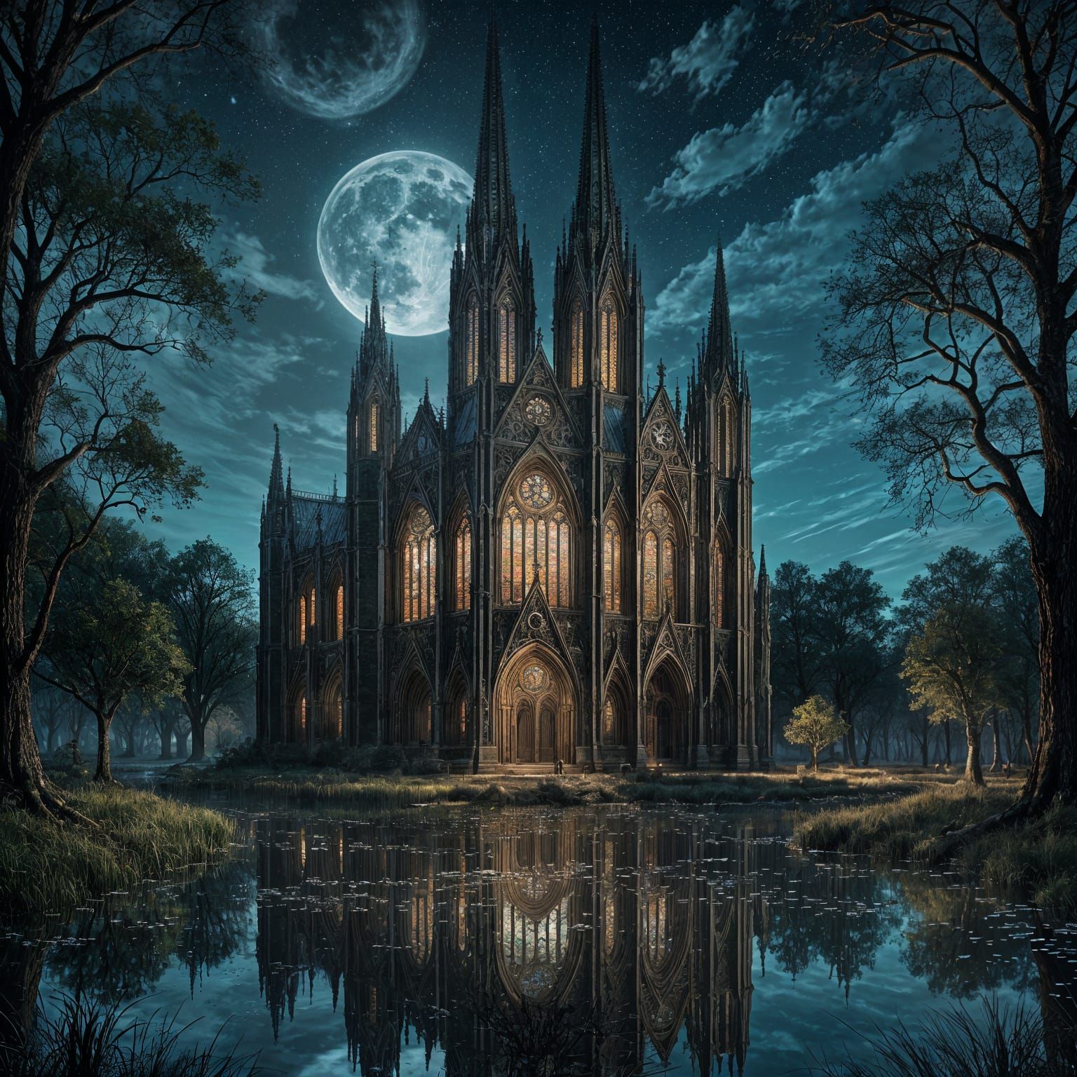 Stained Glass Gothic Cathedral in Swamp at Night