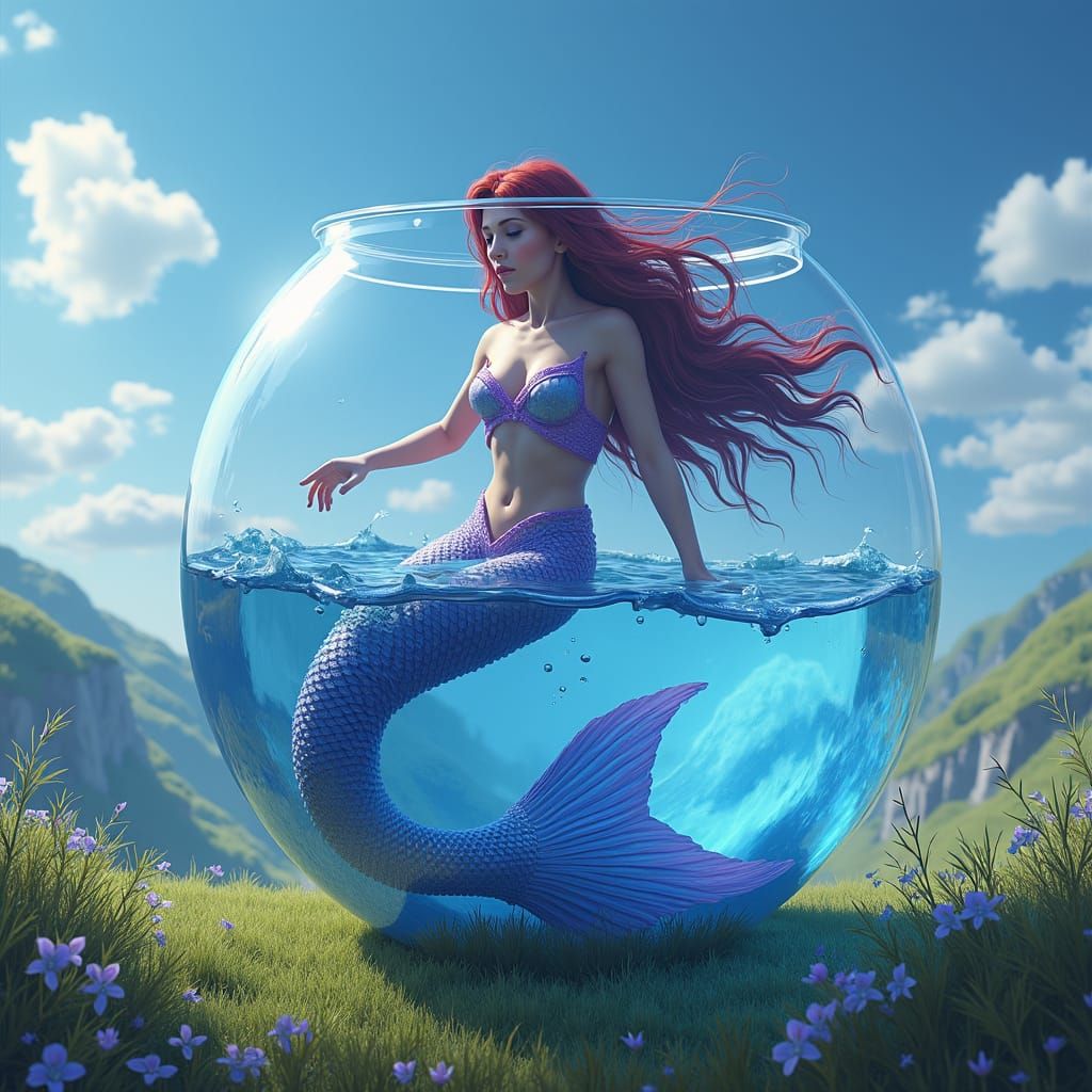 Mystical Mermaid and Woman in Fishbowl, High-Fantasy Art
