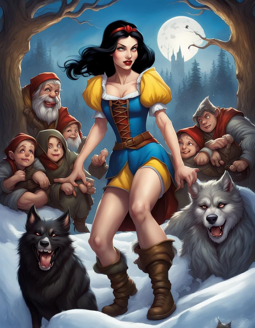 Snow White and the Seven Dwarfs in Dark Fantasy Style