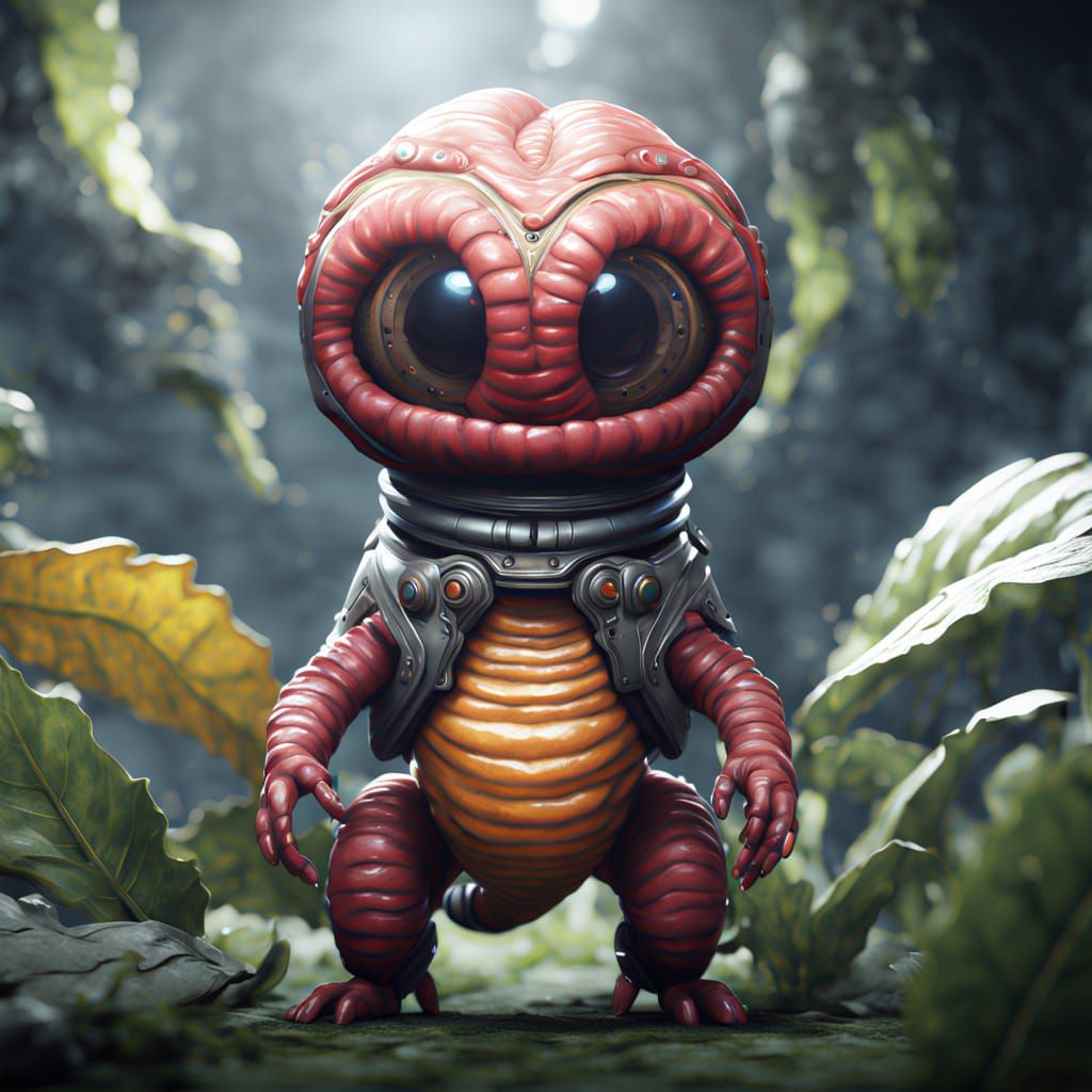 Mystical Chibi Worm Humanoid in Vibrant Leaf Realm