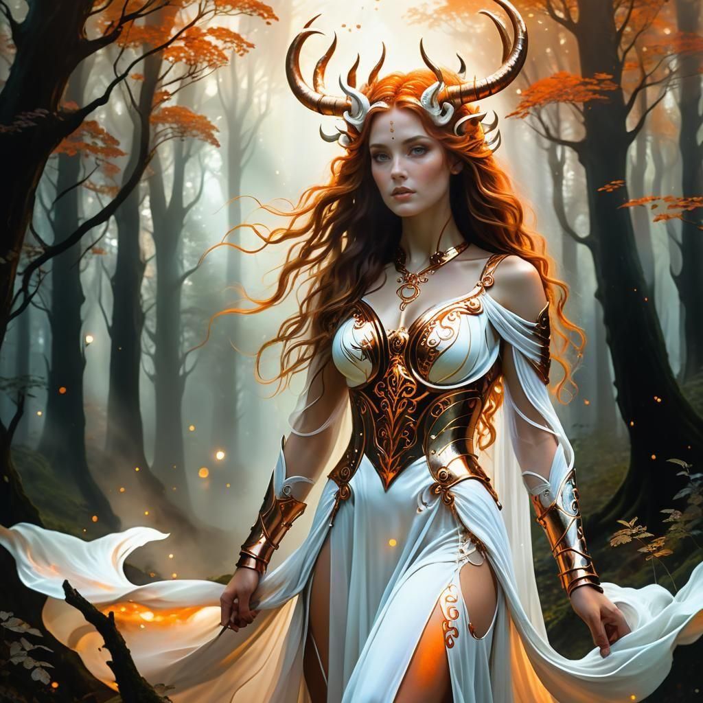 Ethereal Horned Woman in Forest, Fantasy Art