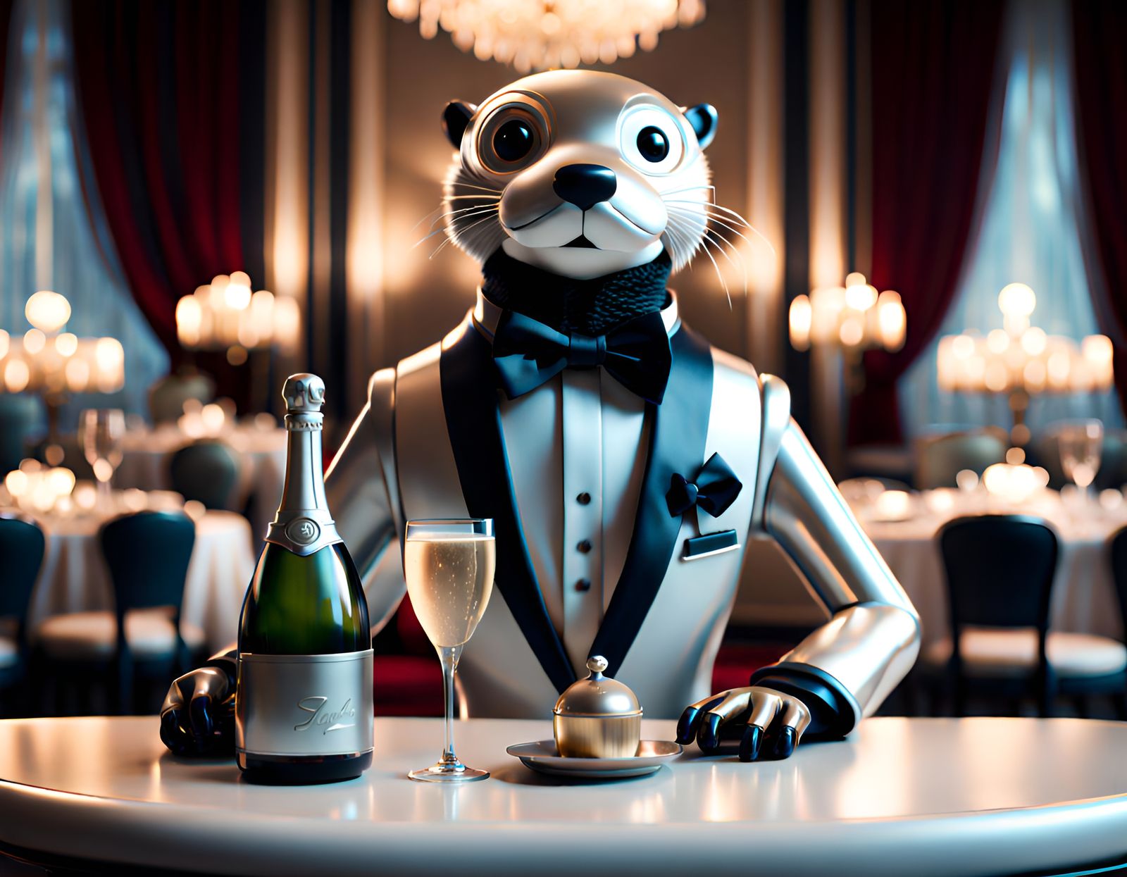 Otter Robot Butler Serving Champagne: Photorealistic Futuris...