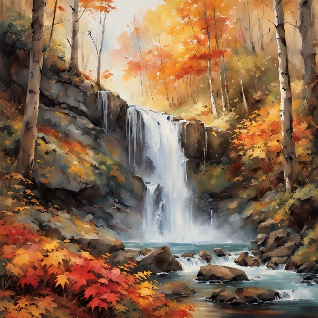 Majestic Autumn Waterfall in Ethereal Light