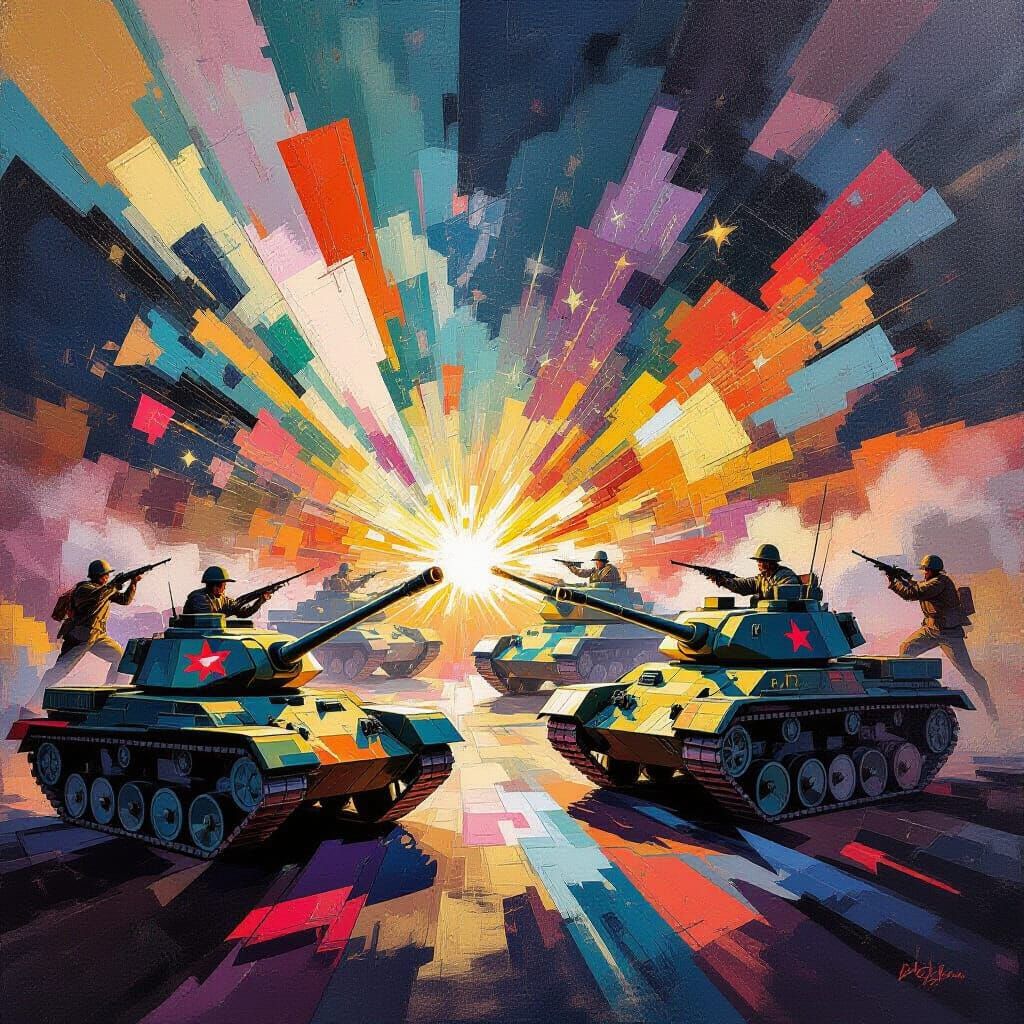 Cubist Battle Scene With Tanks and Soldiers
