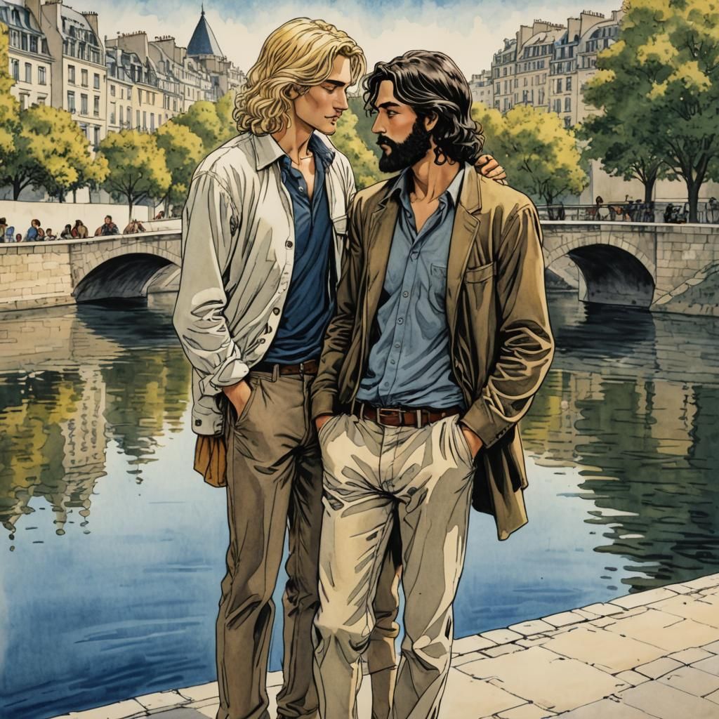 Romantic Couple Embrace in Paris, Comic Style