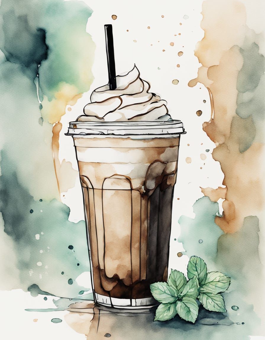 Whimsical Watercolor Iced Peppermint Latte in a Plastic Cup