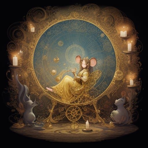 Mouse Woman Weaves Magic on Golden Spinning Wheel