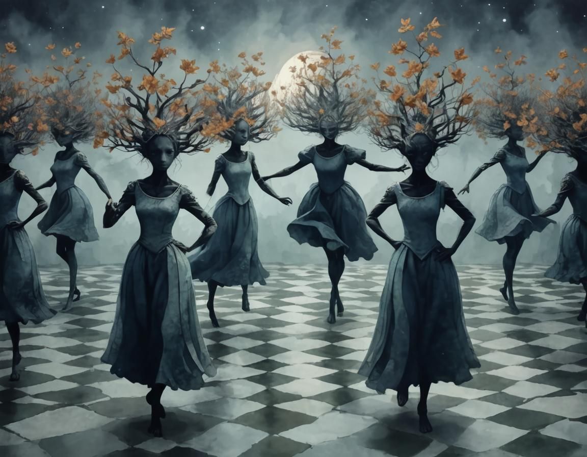 Tree Spirits Dancing in Mystical Forest, Vintage Illustratio...