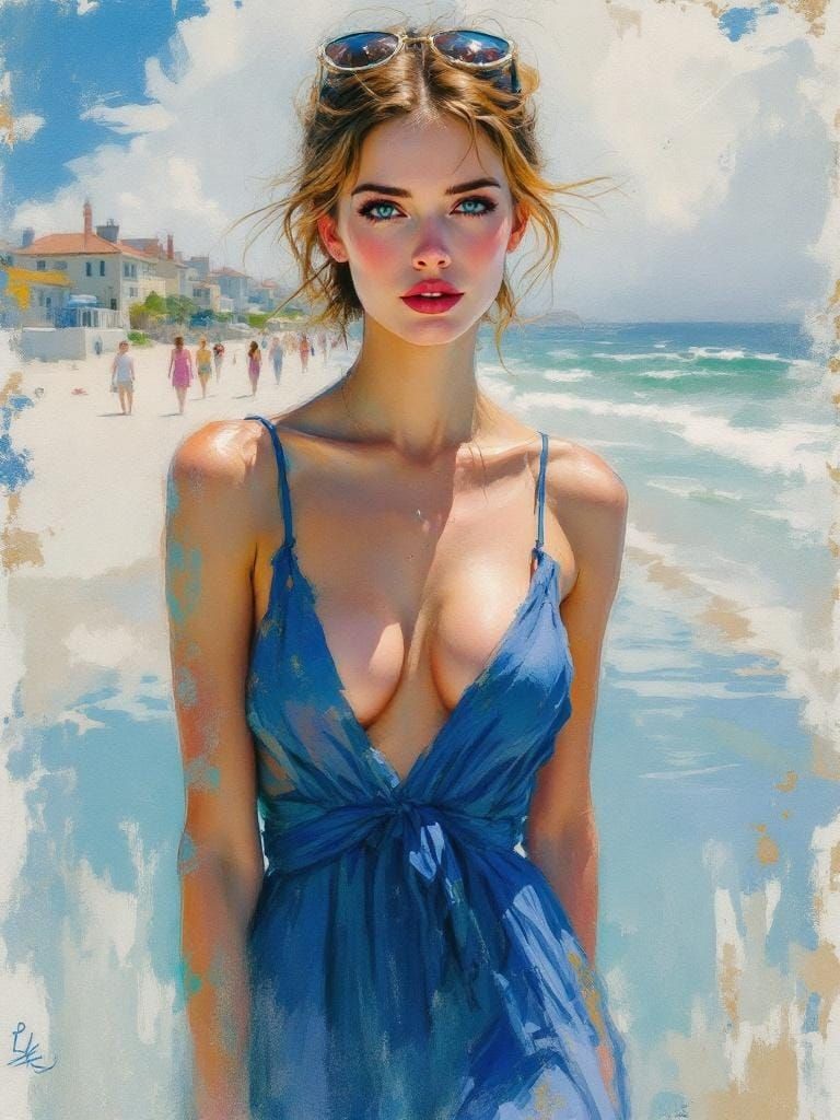 Elegant Woman on Boardwalk in Expressive Style
