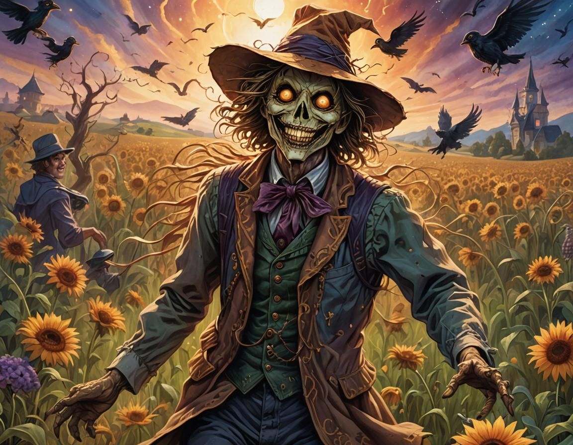 Eldritch Scarecrow in Luminous Field: Storybook Art